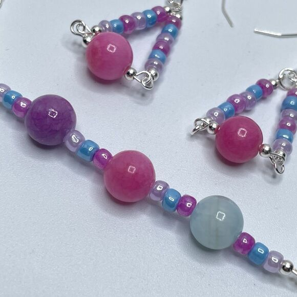 Artisan Dyed Jade Stone Beaded Seed Bead Necklace Earrings Set Silver Tone Boho - Picture 4 of 6